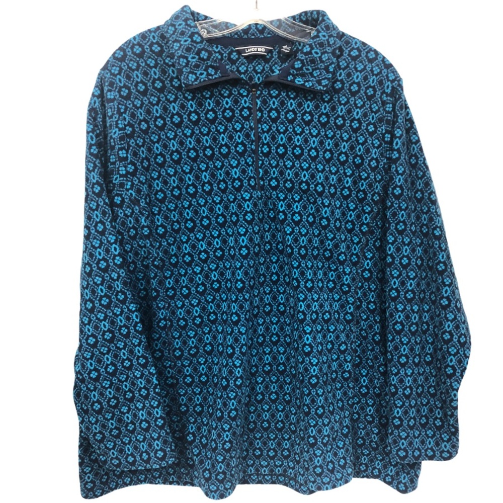 Lands End Women's Fleece 1/4 Zip Pullover Top Blue Geometric Print Size XL